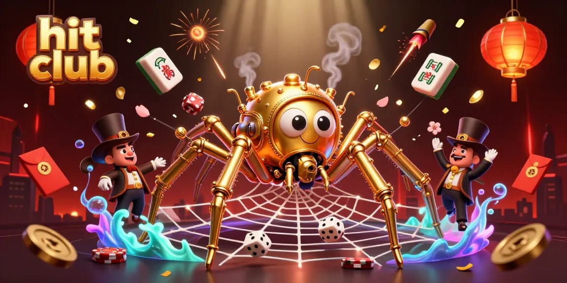Hit club's dynamic casino scene showcasing a steampunk spider and playful elements of chance.