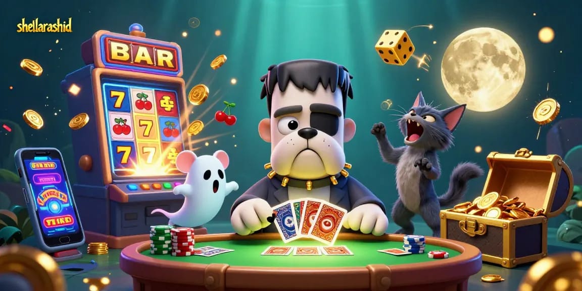 Engage with shehlarashid at a lively casino scene featuring a unique bulldog dealer, magic jackpot explosions, and gold treasure.