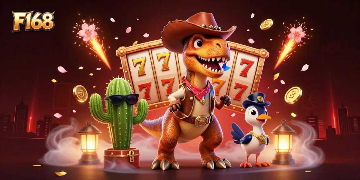 Join the fun at F168 with a vibrant 3D casino scene featuring unique characters and exciting game elements.