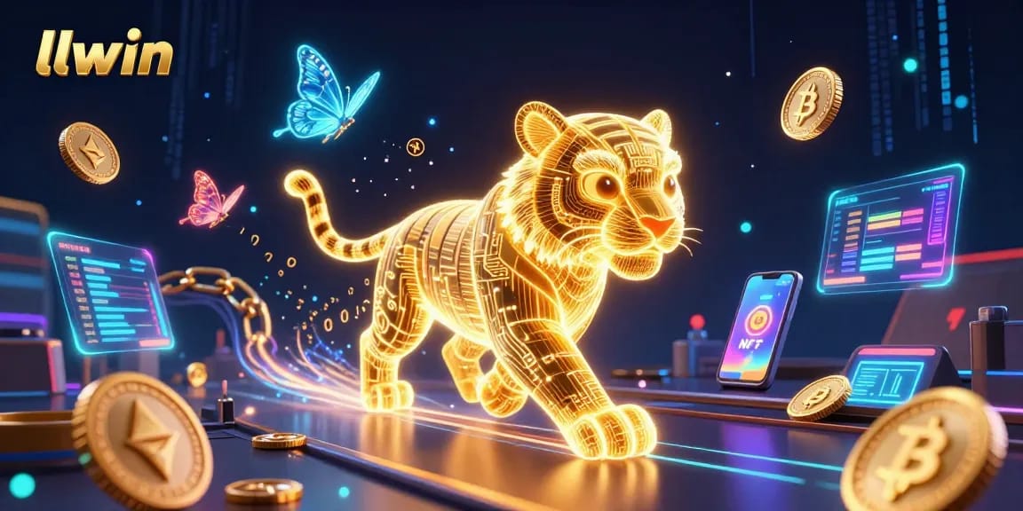 Experience the dazzling world of llwin, where a golden tiger prowls a vibrant digital casino amidst crypto elements.