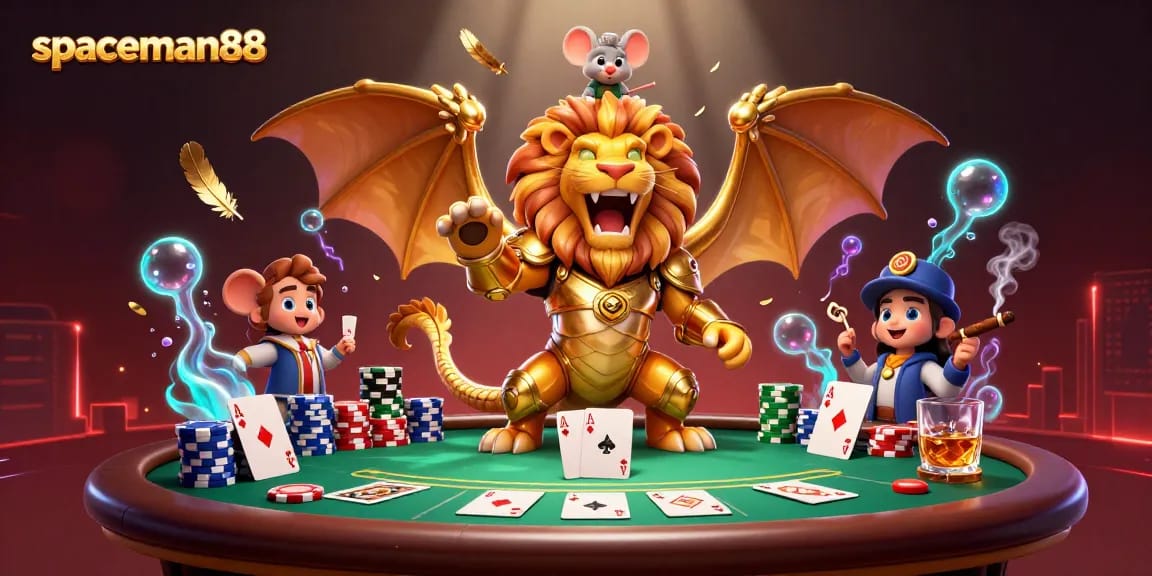 Experience spaceman88 in an epic poker showdown with a roaring chimera and dynamic casino atmosphere.