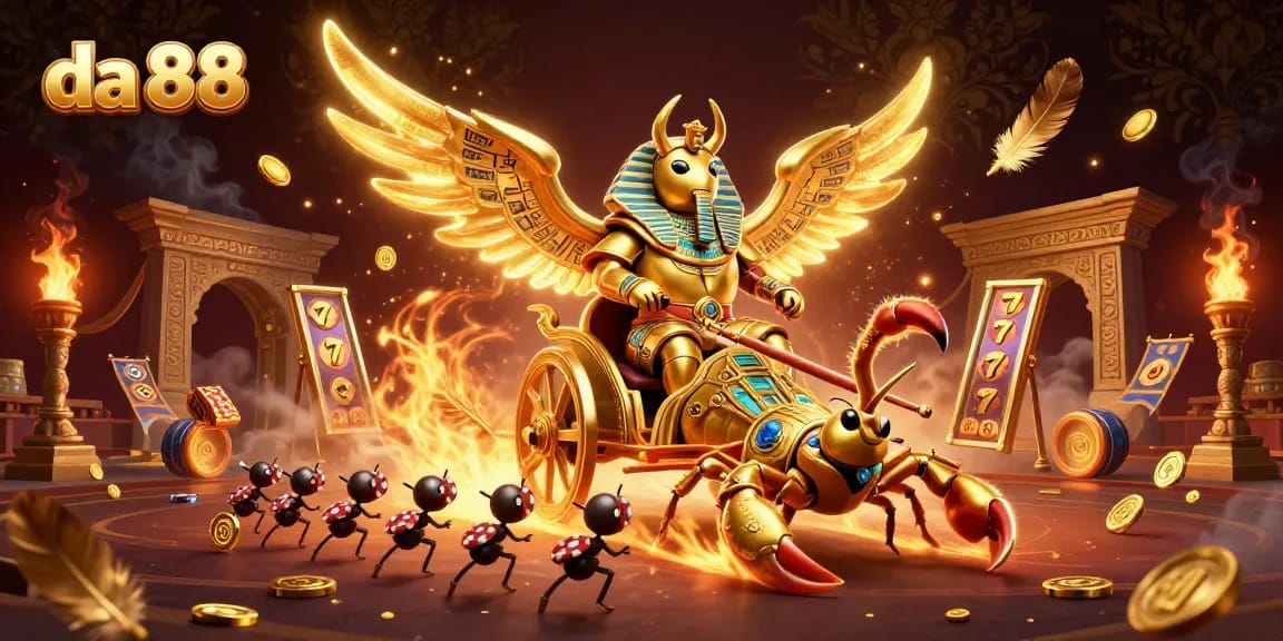 Experience the vibrant da 88 slots scene with a golden scarab and chariot amid casino elements.