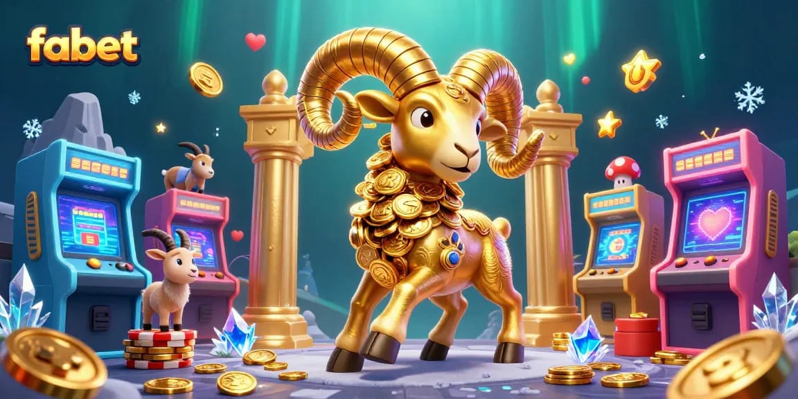 Experience the thrill of fabet gaming as golden ram charges through a vibrant casino scene filled with game elements.