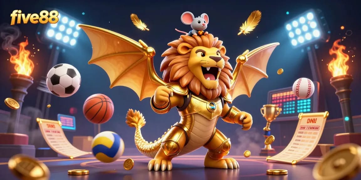 Experience winning excitement with five88 in a vibrant casino-themed 3D illustration featuring dynamic sports elements.