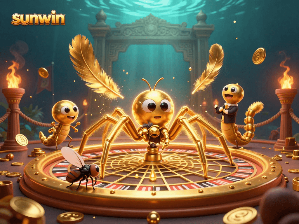 Experience thrilling bets at sunwin with a golden spider spinning a roulette web illustration.