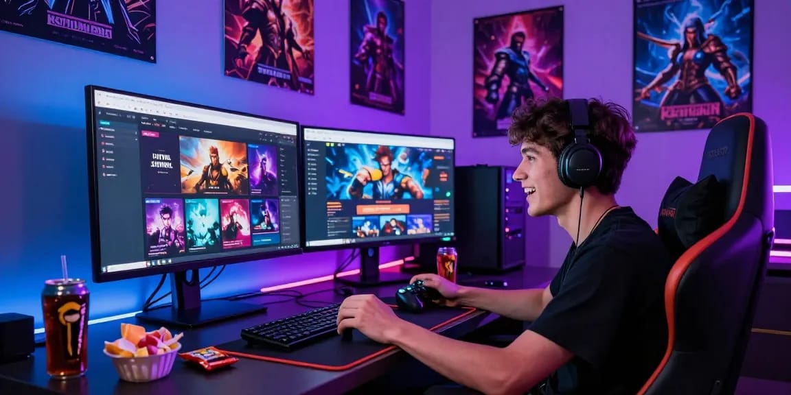 Discover engaging html porn games in an electrifying gaming lounge filled with vibrant colors, snacks, and gaming gear.