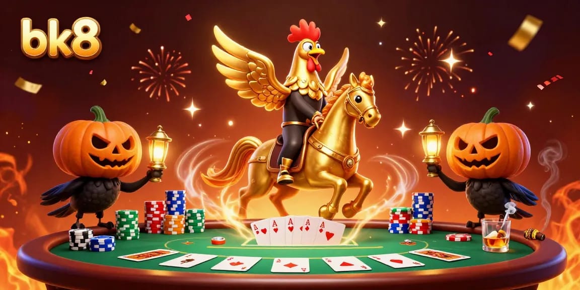 Experience thrilling moments at bk8 with a vivid 3D casino adventure featuring a golden rooster and poker elements.