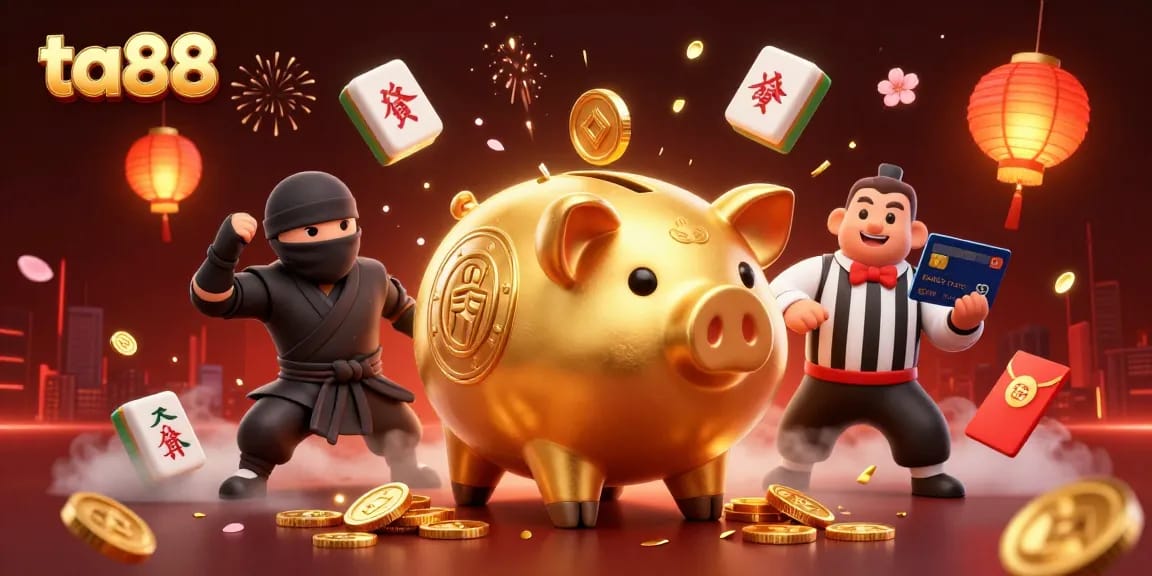 Win big with ta88 as a sumo wrestler shakes loose coins in this vibrant casino scene!