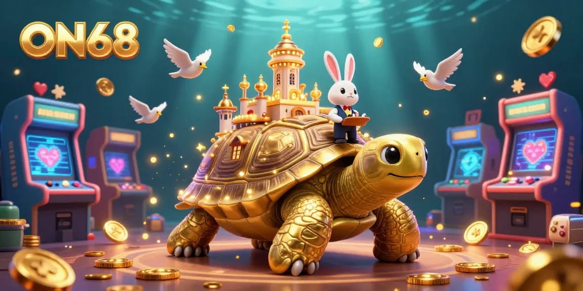Play and win at ON68's vibrant 3D casino featuring a golden tortoise and flying coins.