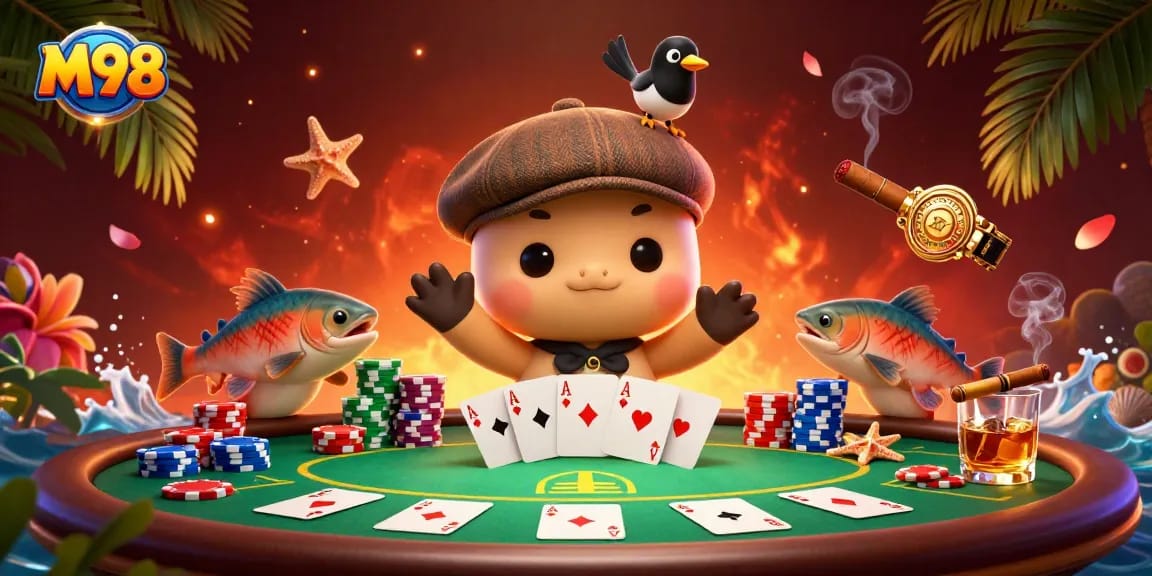 M98 casino gaming illustration featuring playful characters at a vibrant poker table.