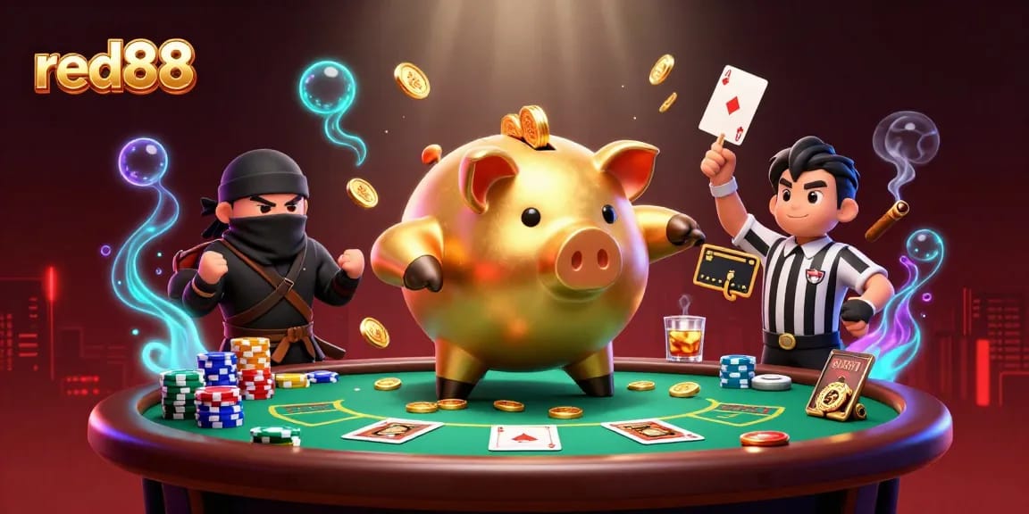 Experience thrilling play at red88 with a sumo wrestler, ninja, and samurai at a vibrant poker table.