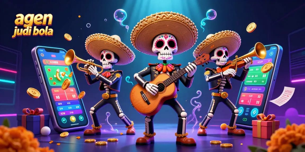 Experience thrilling victories at agen judi bola with a vibrant digital illustration of a mariachi band and sports betting elements.