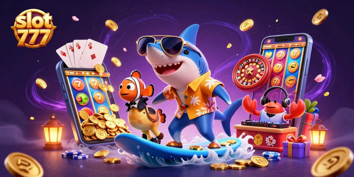 Experience thrilling gameplay with slot 777 as characters surf on gold coins in an exciting casino scene.