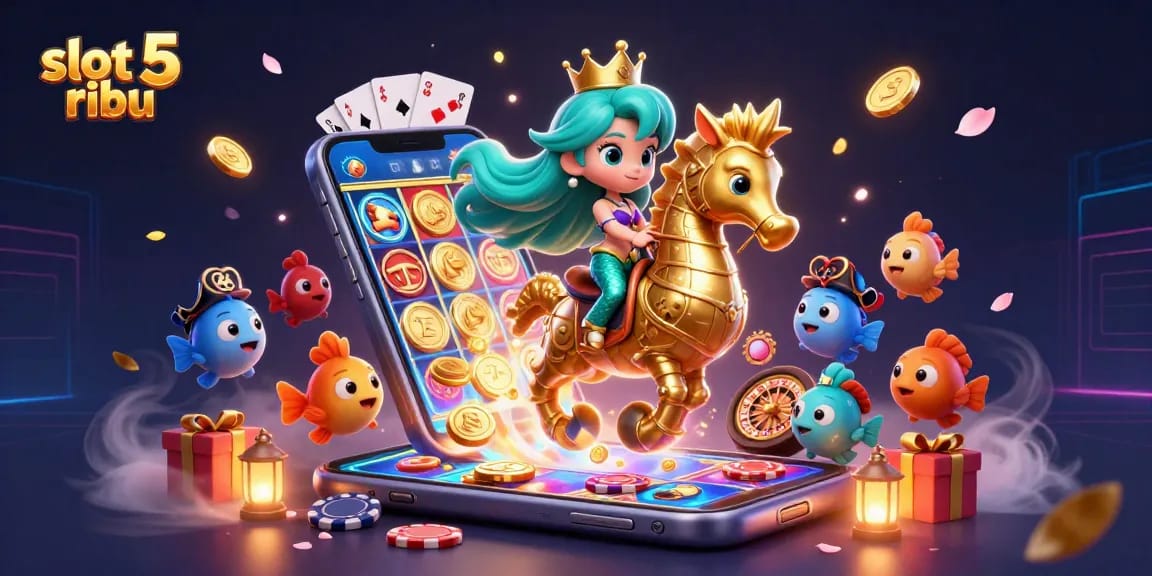 Slot 5 ribu gaming illustration with a mermaid princess, giant seahorse, and vibrant casino elements