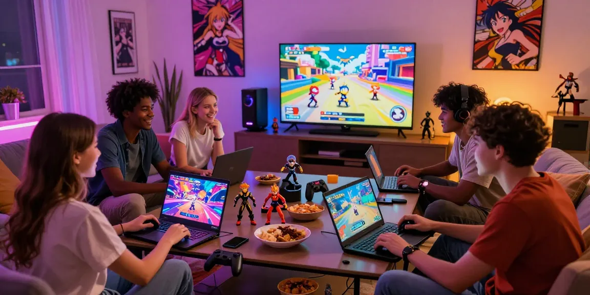 Friends enjoying an ecchi game night, lively gaming setup, colorful characters on screen.
