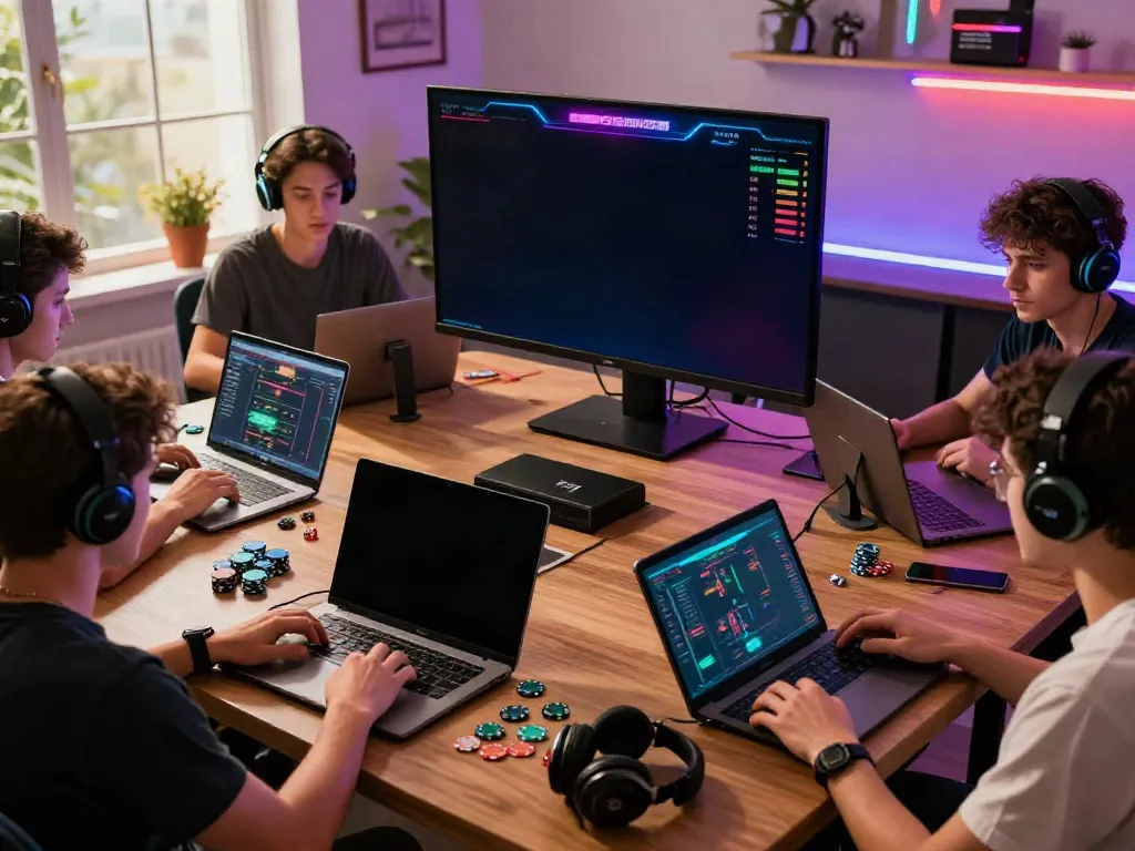 Friends enjoying the exciting online gaming experience on GEM88 with vibrant devices and lively atmosphere