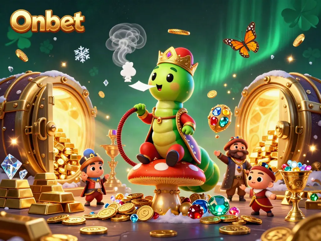 Onbet showcases an enchanting casino scene with a whimsical caterpillar sultan in a rich setting of gold and gems.