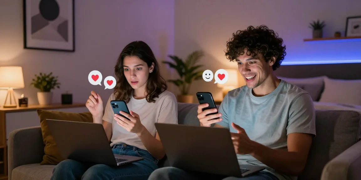 Engaging in AI sex chat on devices in cozy environments, showcasing modern connections and intimacy.