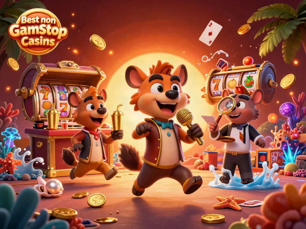 Engaging 3D illustration showcasing Best non Gamstop Casinos with hyenas in a dynamic casino scene.