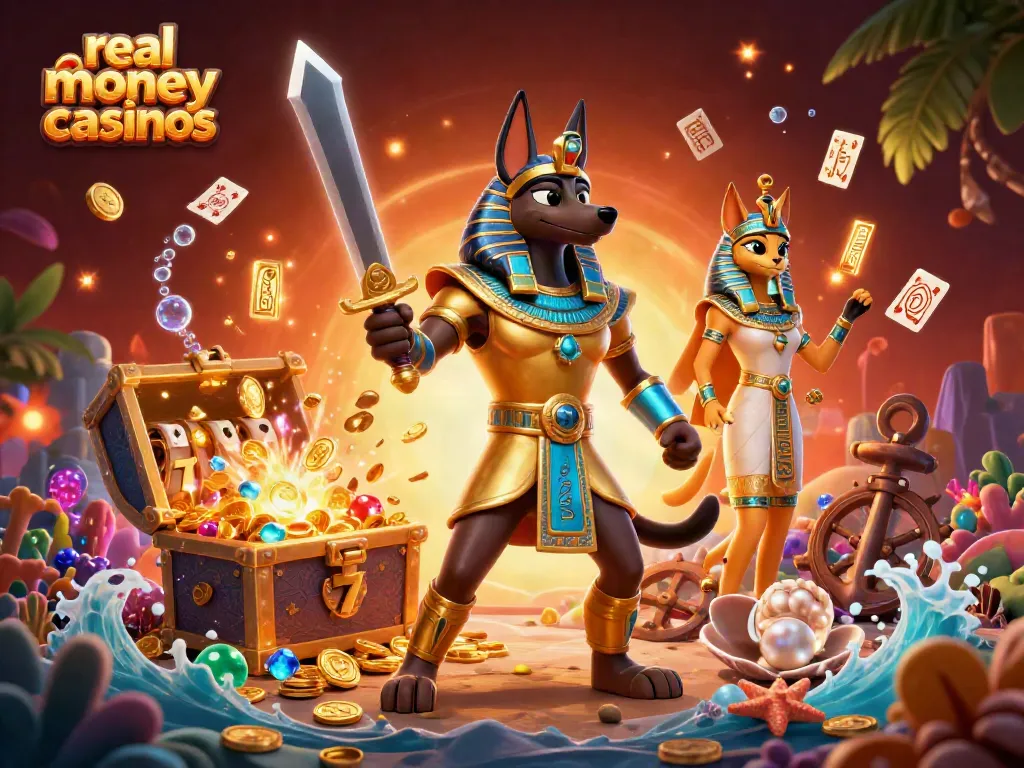 Experience real money casinos with Anubis and Bastet amidst gold coins and dynamic game icons.