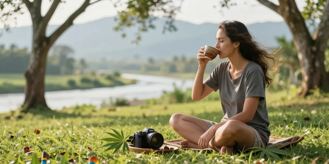 Relaxing atmosphere with a person enjoying Red Bali Kratom tea in a serene outdoor setting.