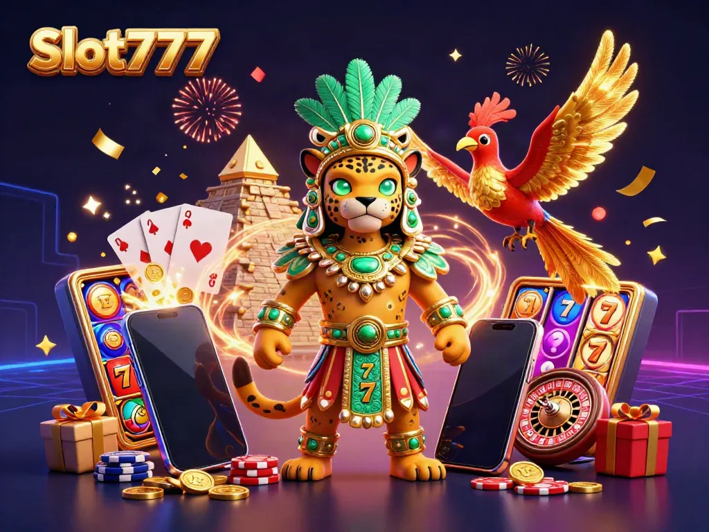 Experience Slot777 excitement with vibrant 3D illustration featuring a Mayan jaguar priest, slot elements, and fireworks.