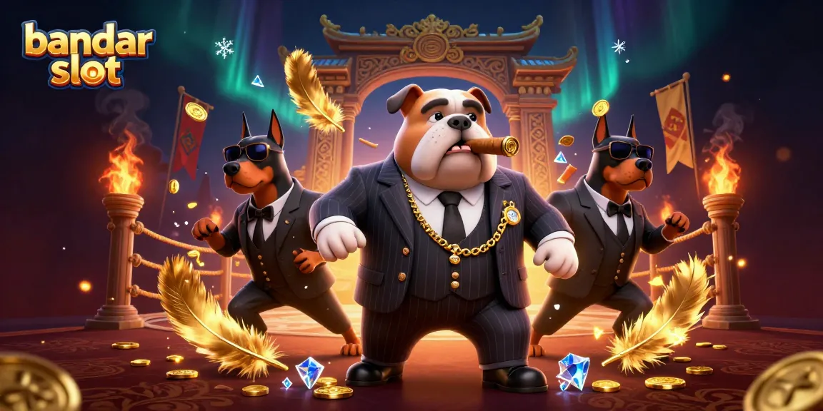Engage in thrilling gaming at bandar slot with a cartoon mafia boss and dynamic protective Dobermans.