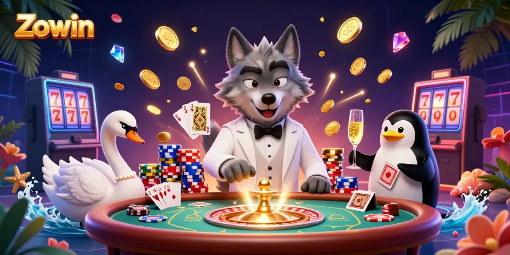 Zowin showcases a debonair wolf and elegant swan at a lively casino, surrounded by dazzling coins.
