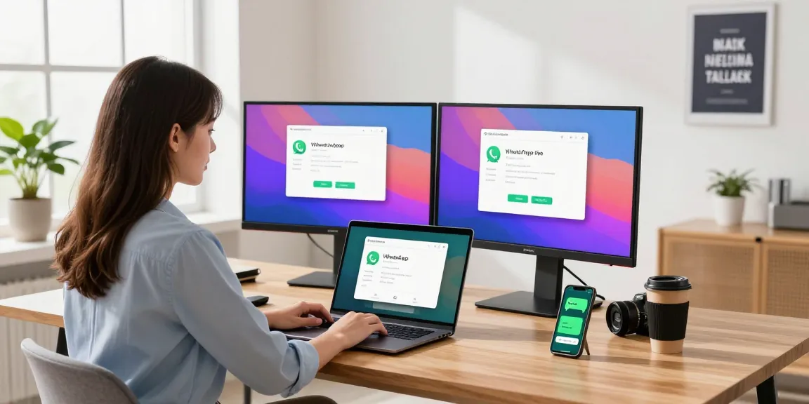 Downloading WhatsApp下載 on a laptop in a modern home office, showing vibrant app interface.