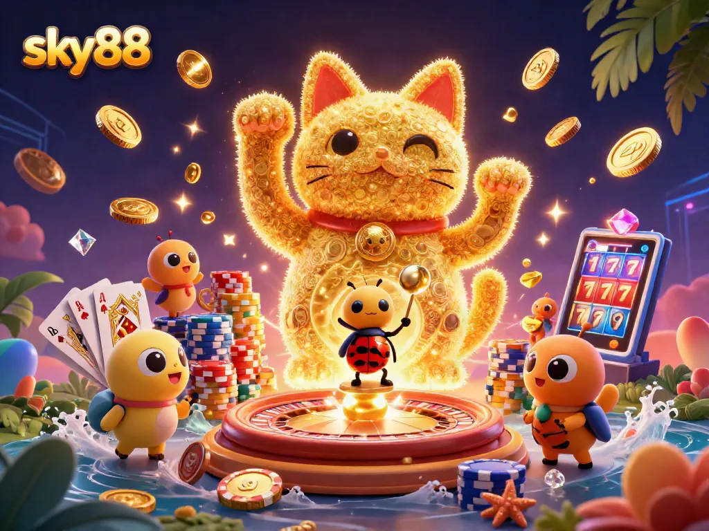 Play at sky88 with a 3D lucky cat and sparkling casino symbols, all bursting with energy.