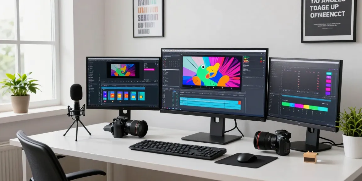 Create AI video generator content in a creative tech workspace featuring vibrant graphic animations and engaging setups.