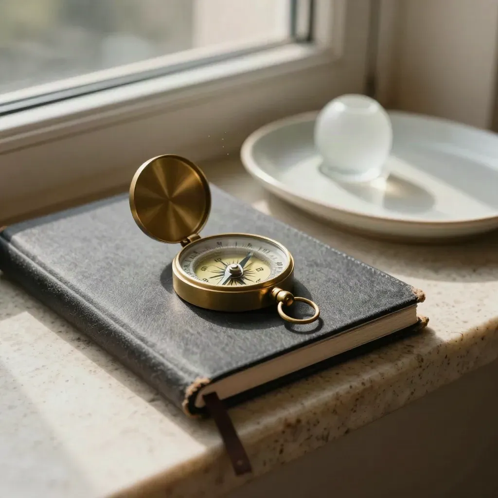 Closed advisory notebook, brass compass, glass weight and ceramic tray on travertine in soft daylight.
