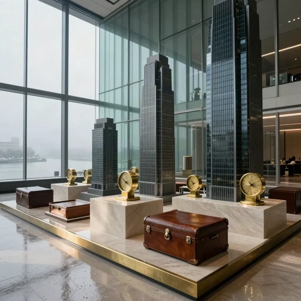 Smoked-glass tower models and brass weights in a rain-wet riverside atrium, lit by morning haze.