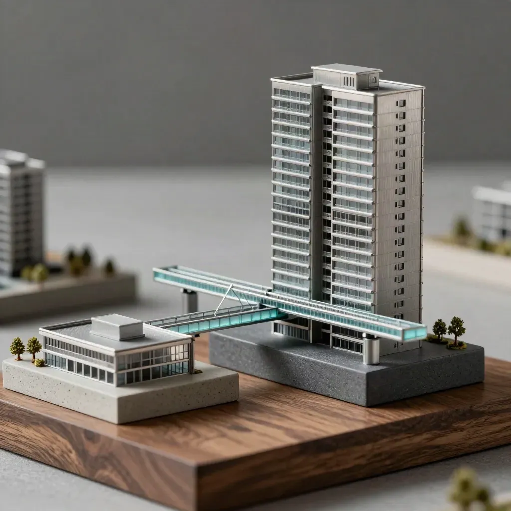 Brushed-steel property maquettes locking together with a translucent teal bridge on a concrete plinth.