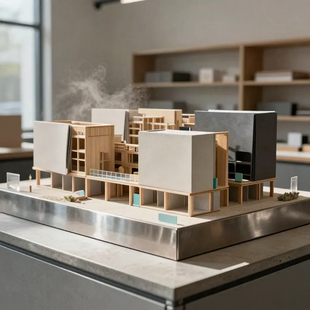 Funding-ready architectural model with timber framing, concrete blocks and sealed folders on a steel base.