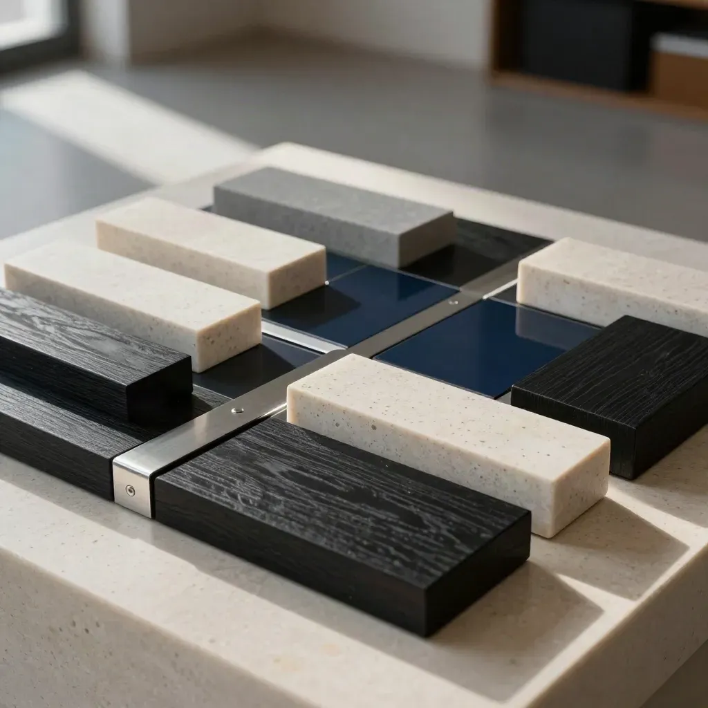 Overhead travertine, black wood, and silver blocks in a tiered portfolio strategy model.