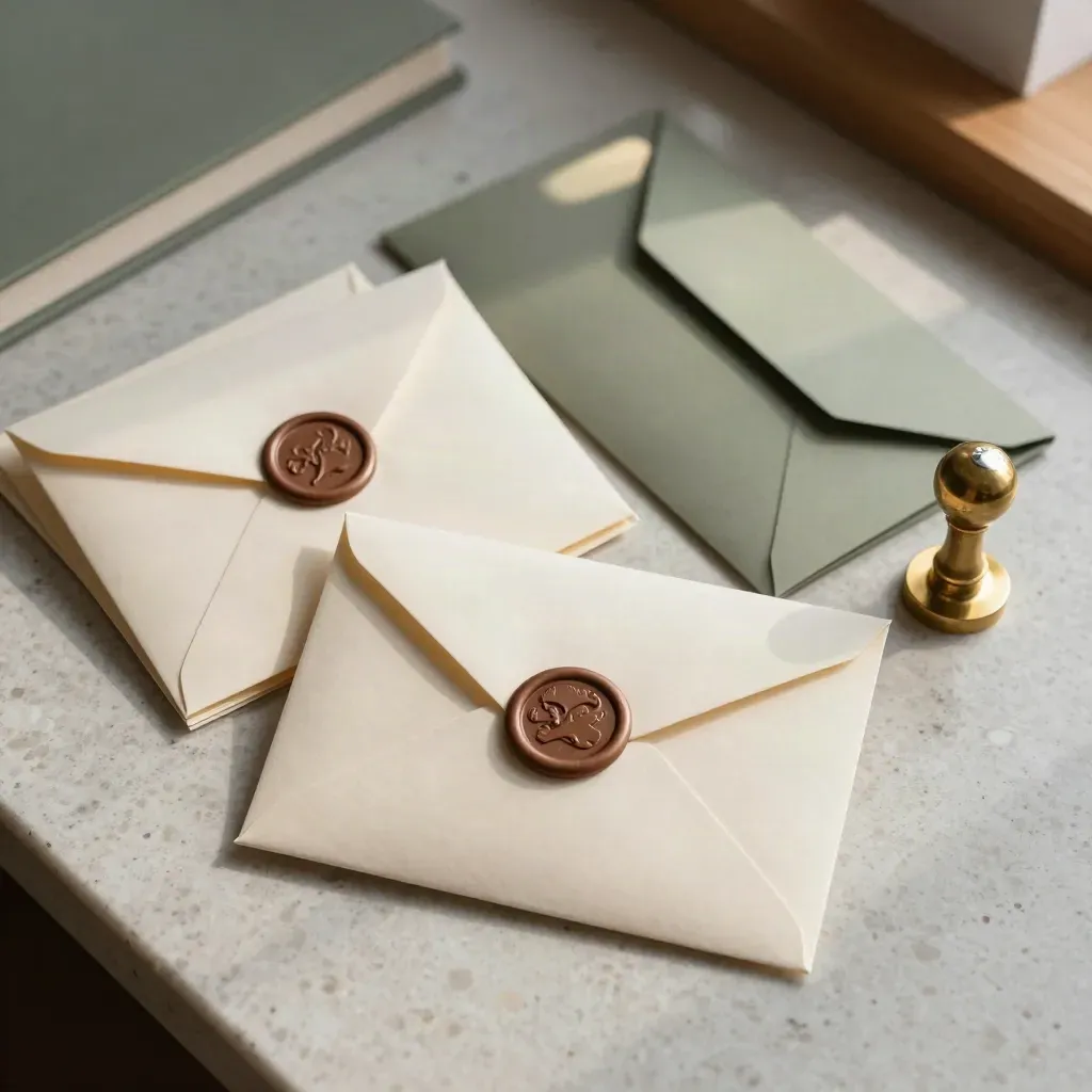 Cream placement packets, brass seal and face-down folders on pale travertine in airy finance office light.