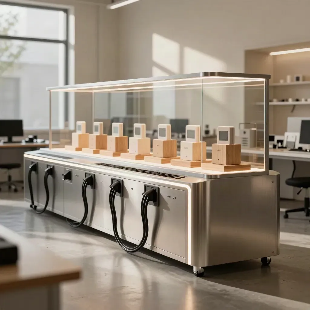 Illuminated startup product lab with demo units, cable-managed benches, and glass shelf in soft daylight.