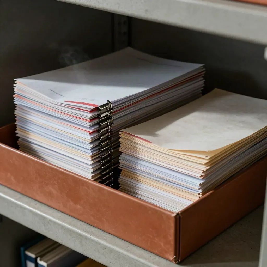 Open archival box with checked and pending file piles under raking light, for due diligence.