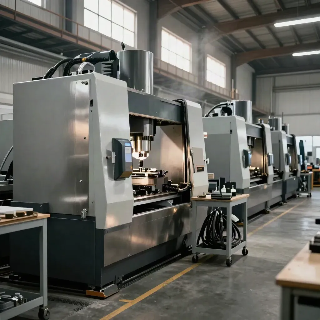 Upgraded CNC workshop with alloy stock and ready production line in soft afternoon light.