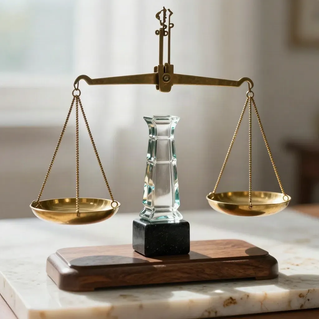 Brass balance scales beside a glass maquette and black stone weight on travertine.