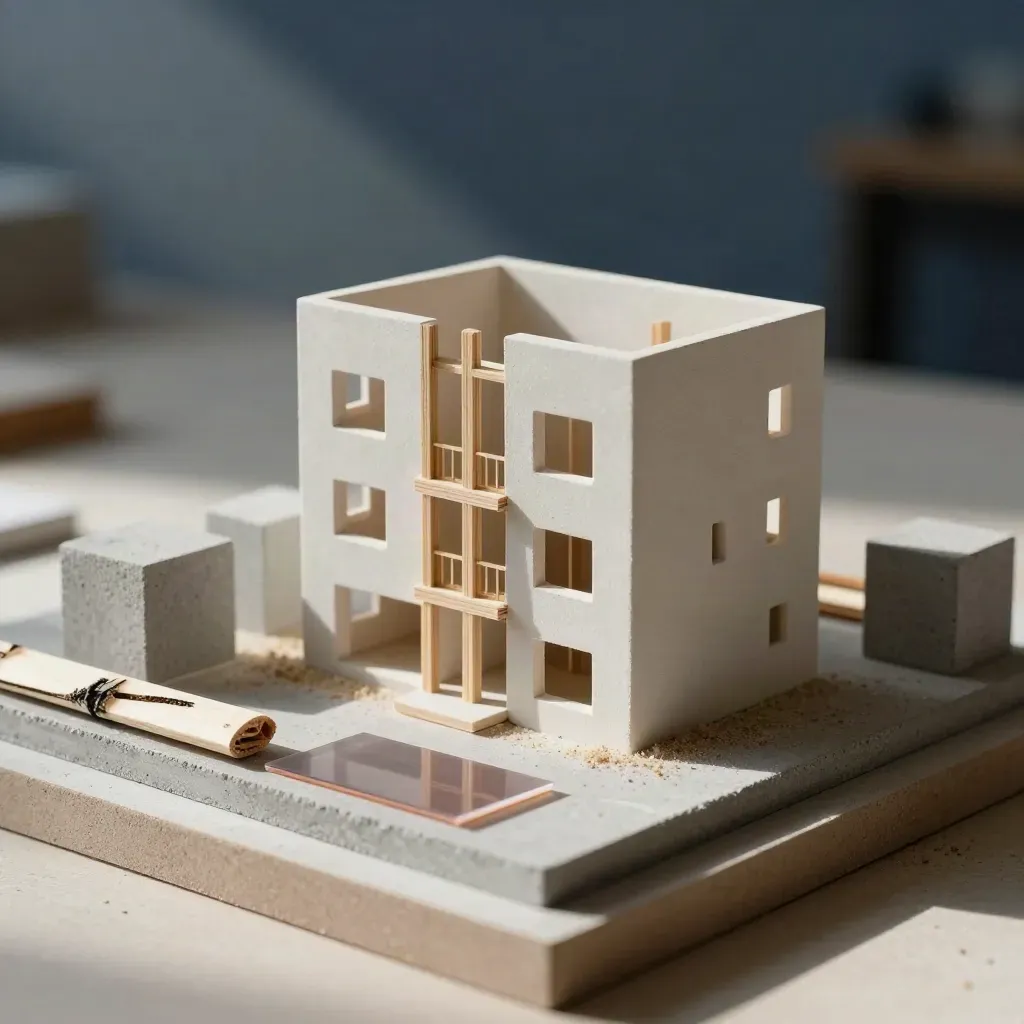 Macro of a residential site model with timber frame and concrete samples