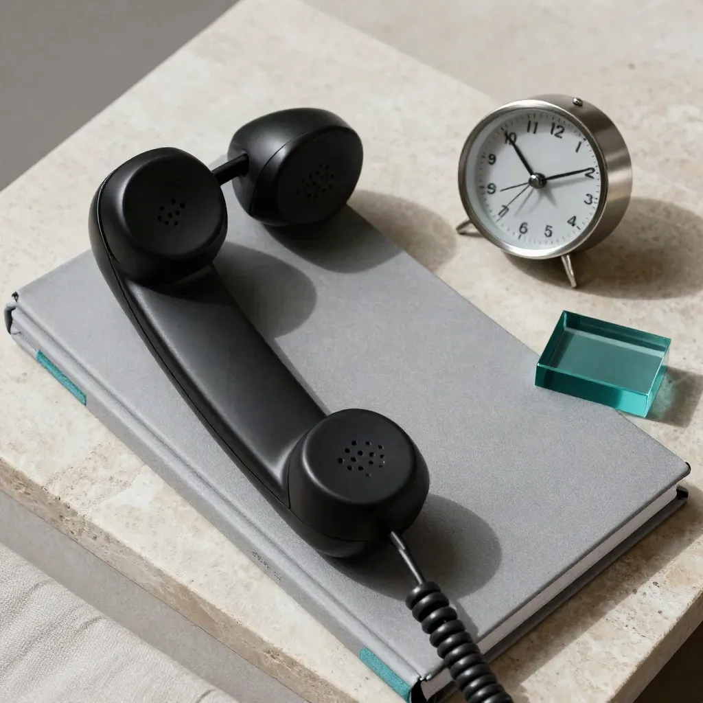 Top-down still life of a desk phone, closed notebook and clock on pale stone with teal accent.