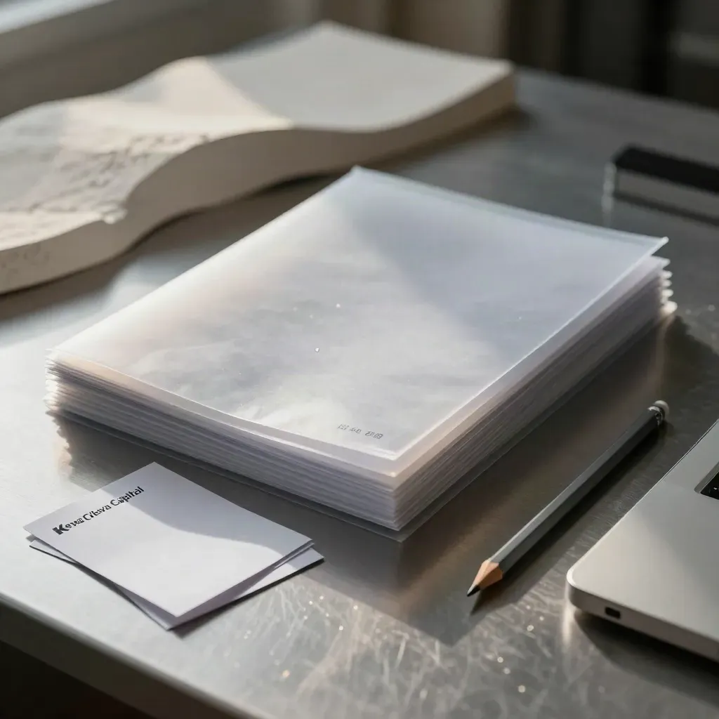 Translucent report sleeves, clipped addendum cards and a graphite pencil on a brushed pewter desk.