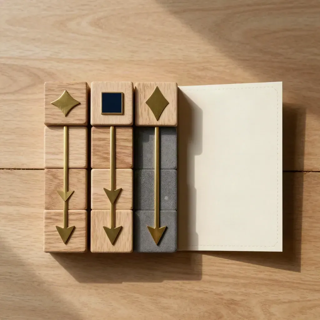 Overhead still life of wooden blocks, brass arrows and a folded route card on pale oak.
