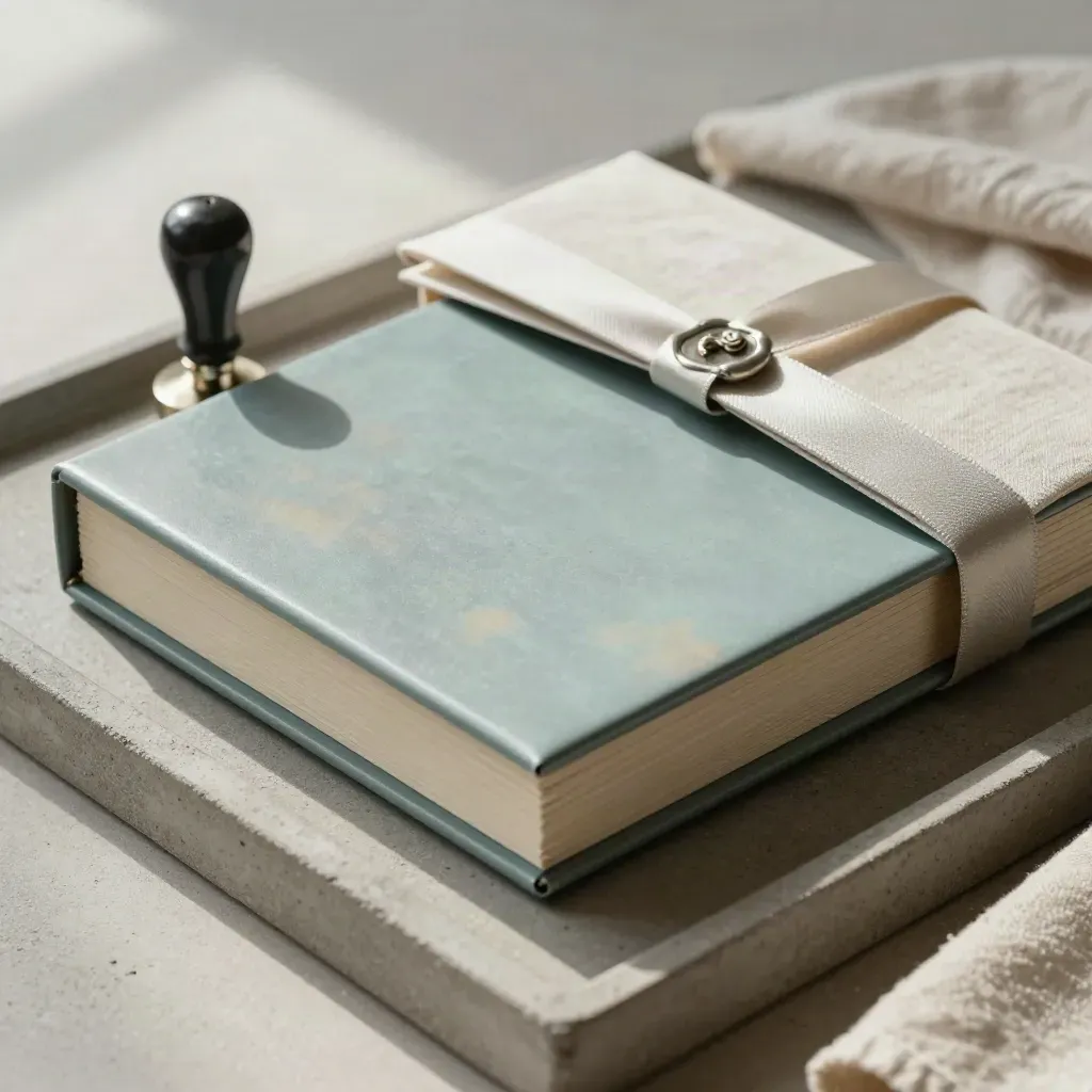 Lacquered box, wax seal stamp and tied folder on a stone tray with linen cloth