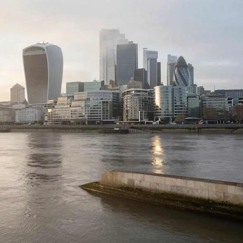 City of London towers rising through dawn haze over the Thames from the South Bank.