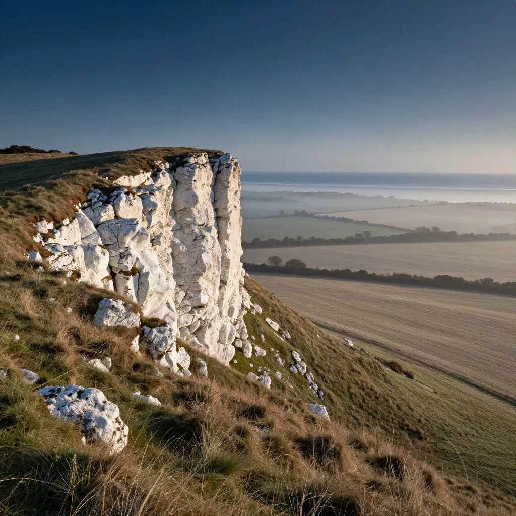 South Downs chalk escarpment over Sussex fields in sea mist with distant coast