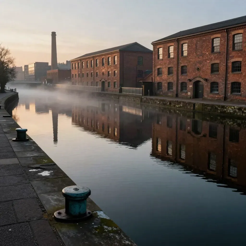 Birmingham canal basin at dusk with red-brick warehouses reflected in misty water