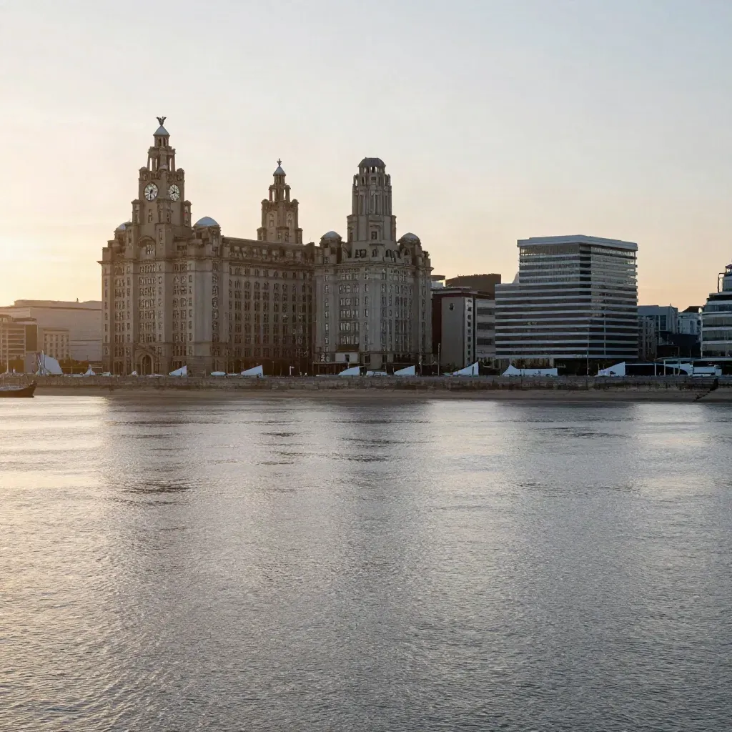 Liverpool waterfront and the Three Graces glowing over the Mersey at sunset